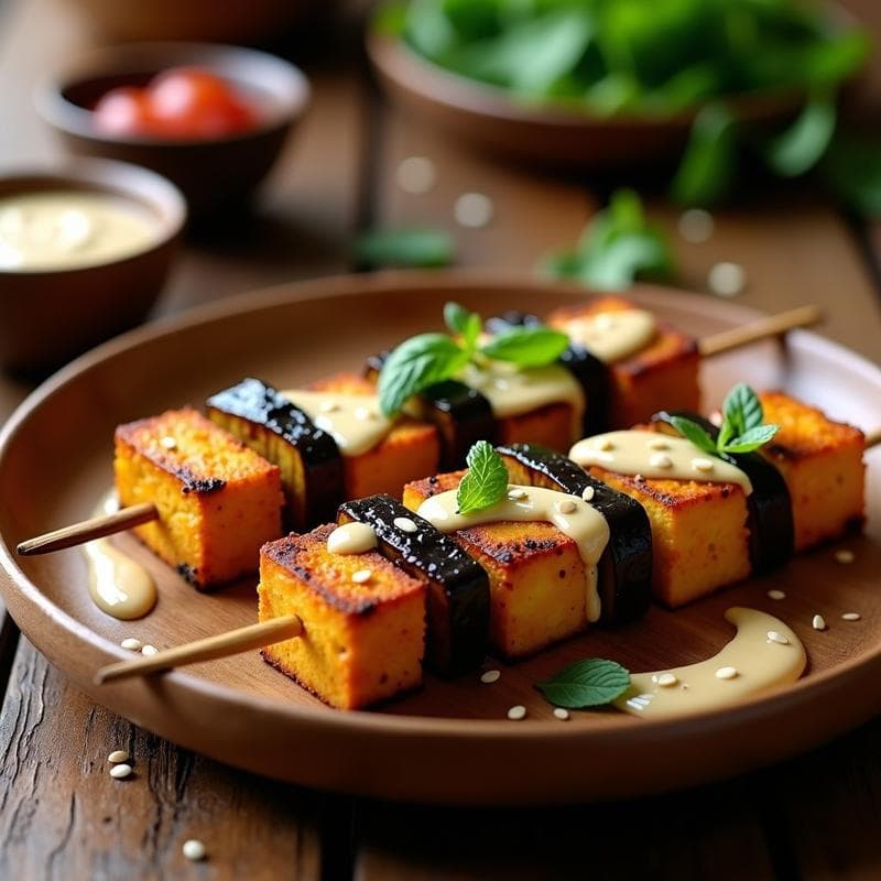 Brochetas de Tofu Marinado y Berenjena: Receta Vegana al Grill con Salsa de Tahini