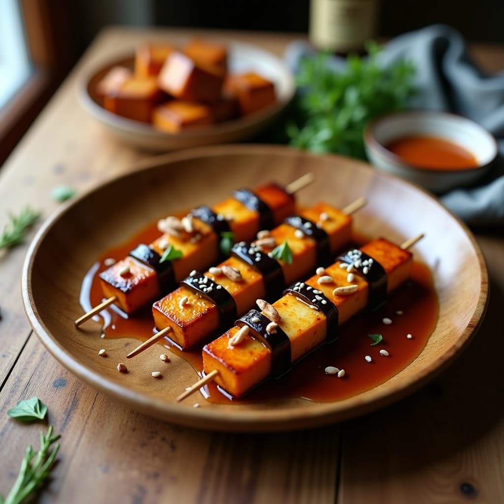 Brochetas de Tofu Ahumado y Berenjena con Glaseado de Miel de Dátiles: Receta Vegana en Thermomix