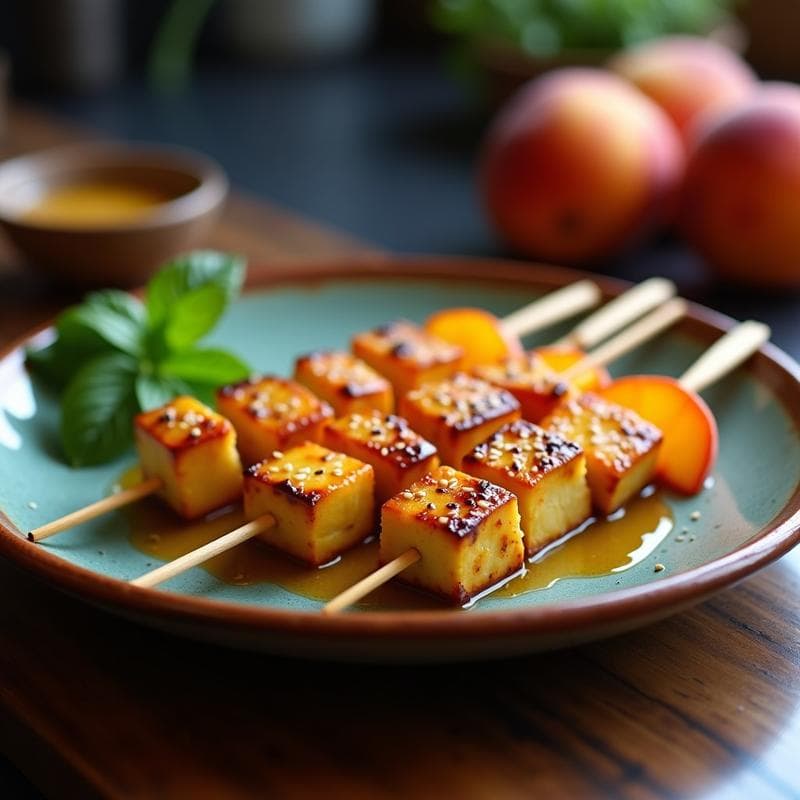 Brochetas de Tofu y Durazno con Glaseado de Miel de Agave: Receta Vegana a la Parrilla