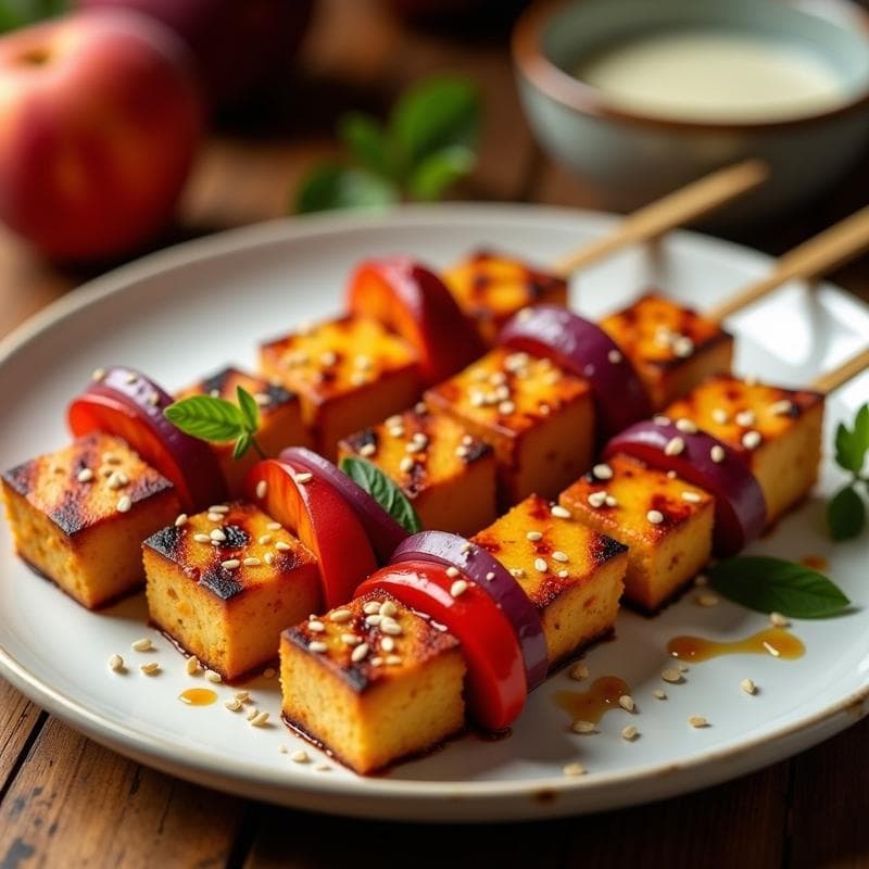 Brochetas de Tofu Marinado y Durazno a la Parrilla: Receta Vegana Alta en Proteína en Airfryer