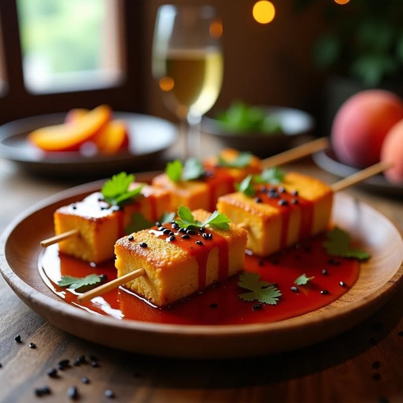 Brochetas de Tofu Ahumado y Durantos: Aperitivo Vegano con Salsa de Tamarindo y Chile