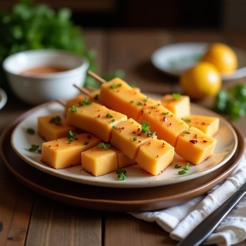 Brochetas de Tofu Marinado y Melón Cantalupo: Aperitivo Vegano con Toque Dulce-Salado