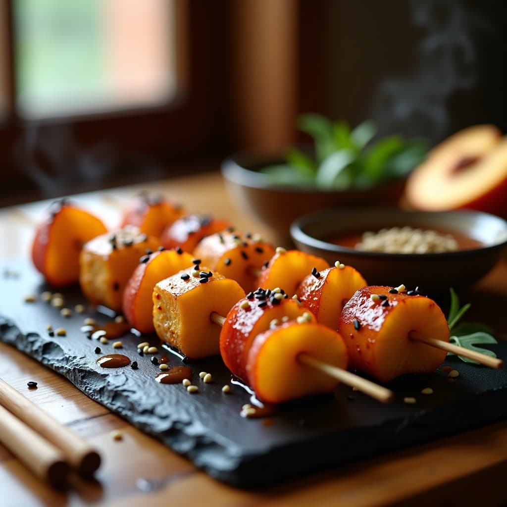 Brochetas de Tofo Ahumado y Melocotón con Reducción de Sake: Receta Japonesa en Airfryer con Toque Dulce-Salado