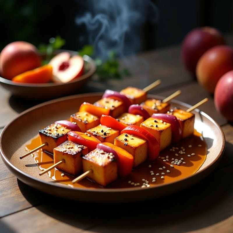 Brochetas de Tofu y Melocotón Glaseado: Receta Vegana al Grill con Toque Dulce