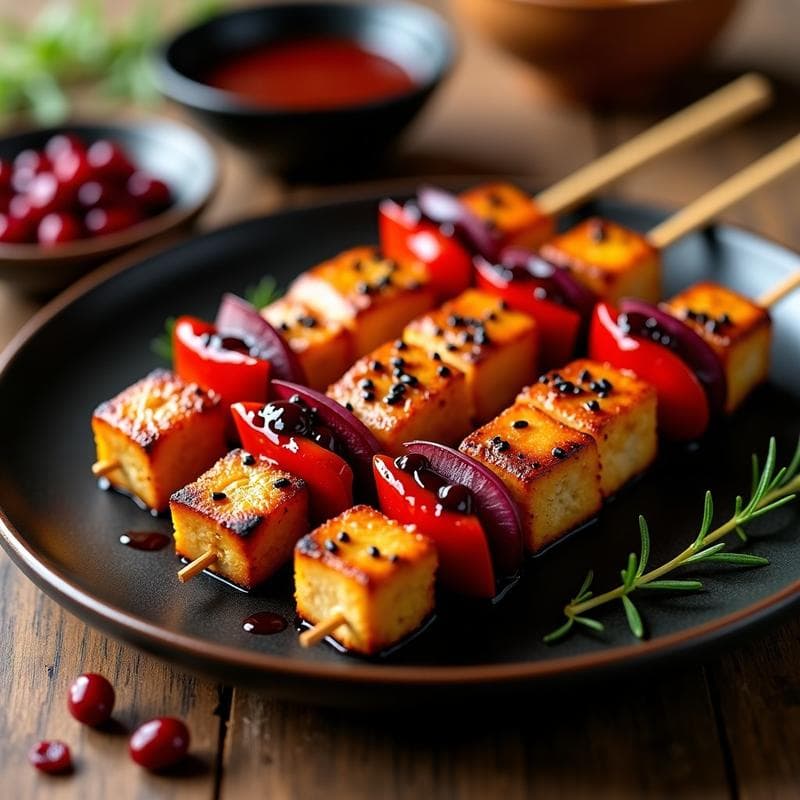 Brochetas de Tofu Marinado en Miso y Arándanos Rojos: Aperitivo Japonés en Airfryer Crujiente