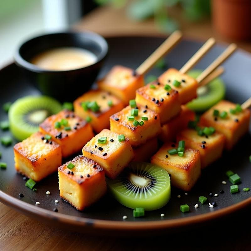 Brochetas de Tofu Marorado en Miso Blanco y Kiwi: Receta Japonesa Vegana en Airfryer