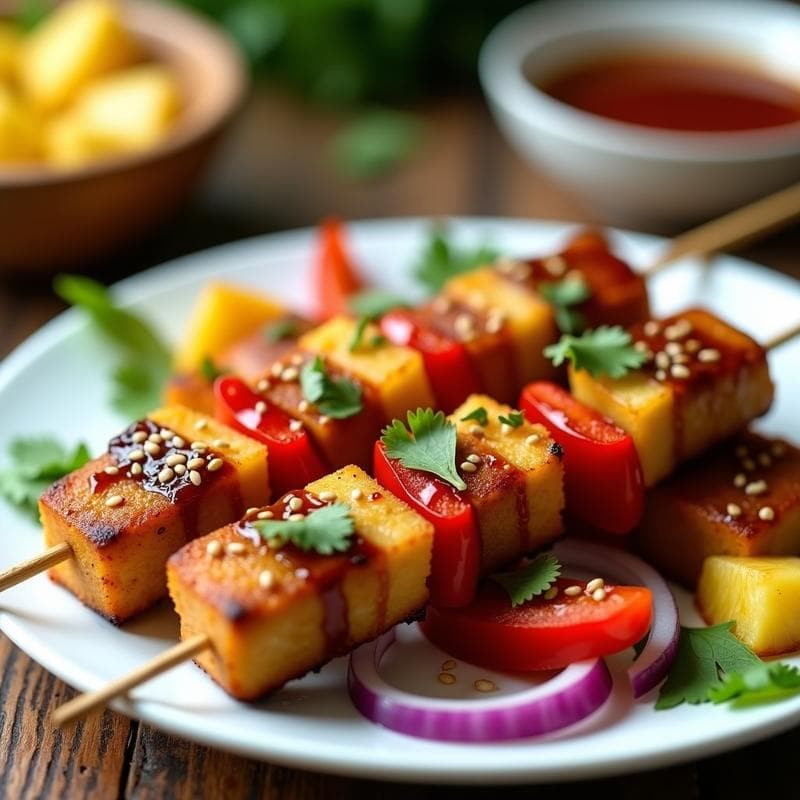 Brochetas de Tofu Marinado en Salsa Hoisin y Ananás: Receta China Vegana en 15 Minutos