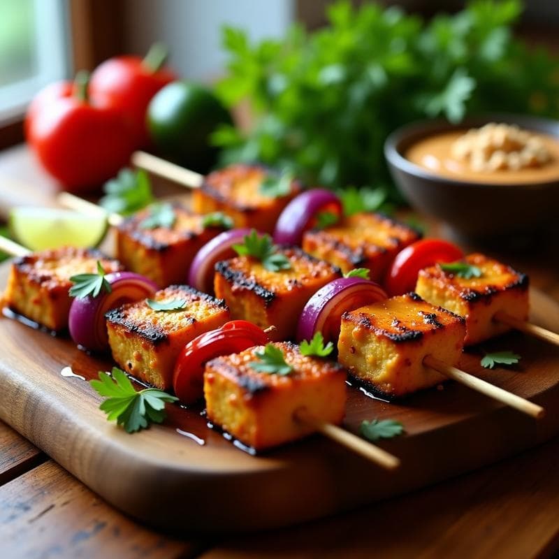 Brochetas de Tofu Marinado en Salsa Peanut y Satay: Receta Tailandesa en Grill