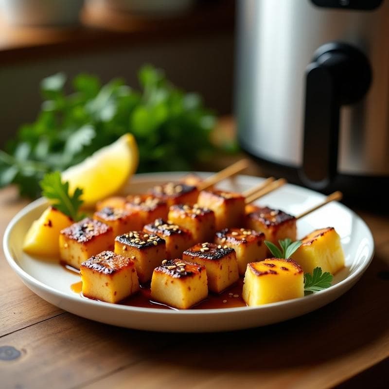 Brochetas de Tofu Marinado en Tamari y Piña: Entrante Vegano en Airfryer con Toque Dulce