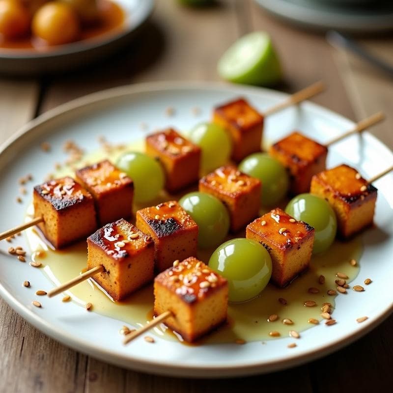 Brochetas de Tofu y Uvas con Glaseado de Miel y Sésamo: Receta Vegana en Airfryer