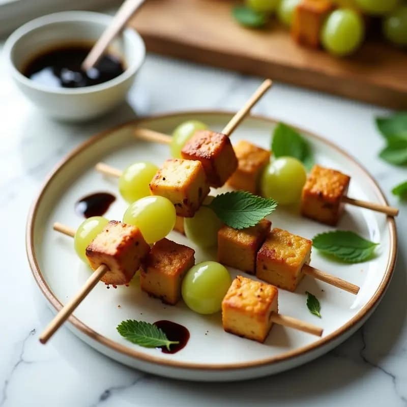 Brochetas de Tofu Marinado y Uvas con Salsa de Reducción de Balsámico: Aperitivo Vegano Gourmet