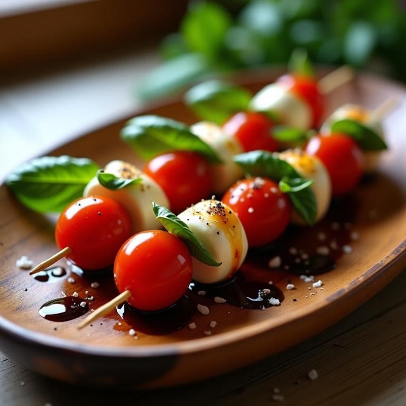 Brochetas de Tomate Cherry y Mozzarella de Búfala con Albahaca: Entrante Italiano Sin Cocción