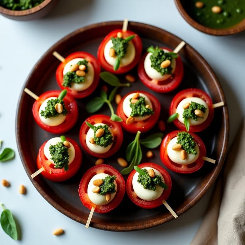 Brochetas de Tomate Cherry y Mozzarella Vegana con Pesto de Rúcula: Aperitivo Keto