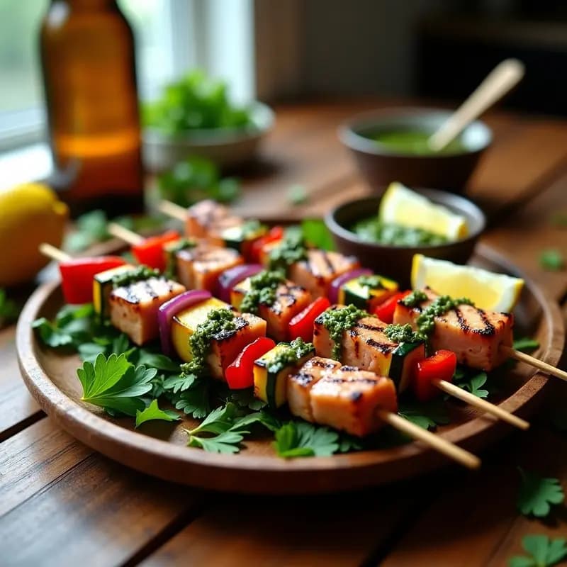 Brochetas de Toña y Vegetales: Receta Argentina en Grill con Chimichurri Sin Gluten