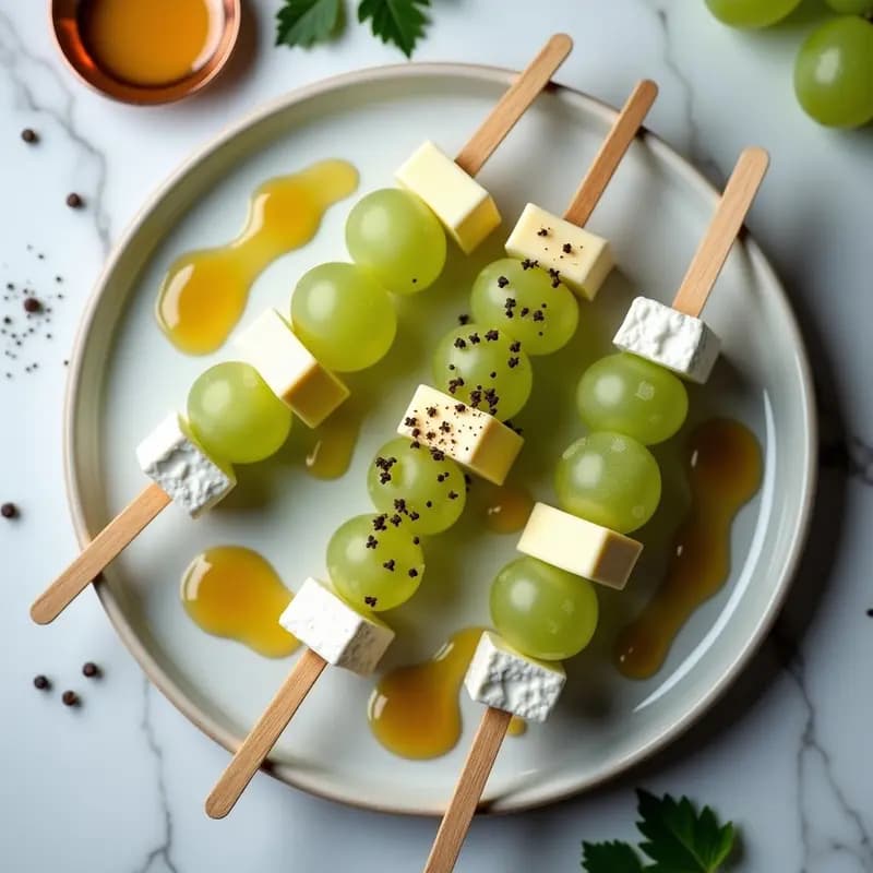 Brochetas de Uva Congelada y Queso Brie con Reducción de Miel: Postre Francés en 3 Ingredientes