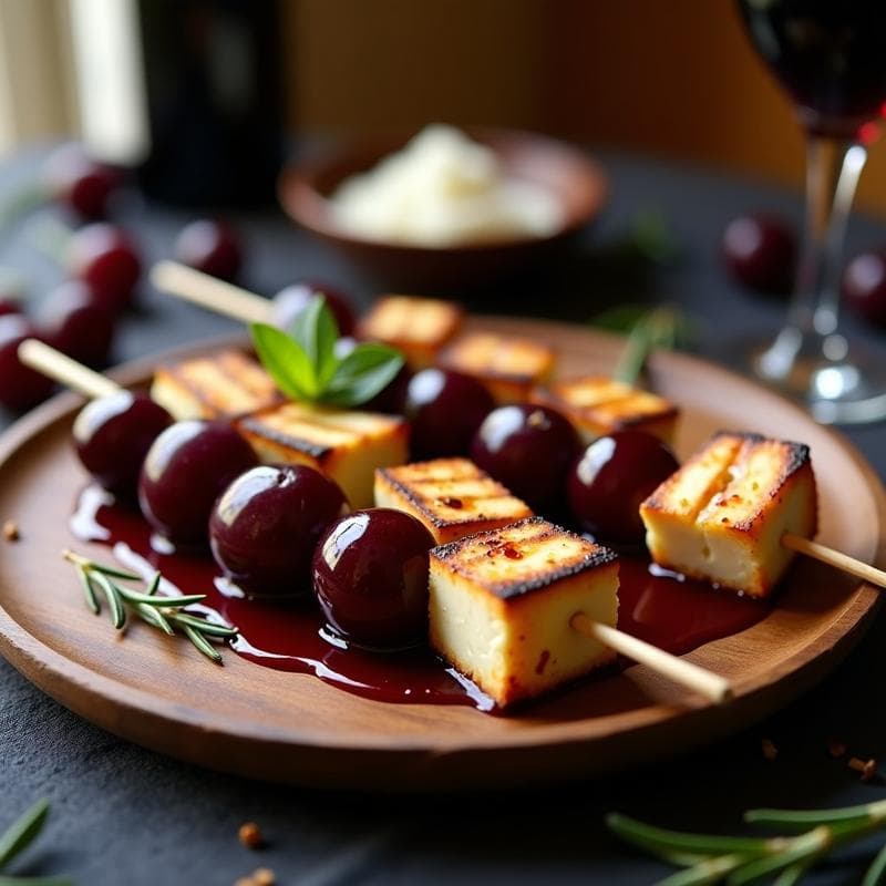 Brochetas de Uvas y Queso Halloumi con Reducción de Vino Tinto: Aperitivo Griego Gourmet