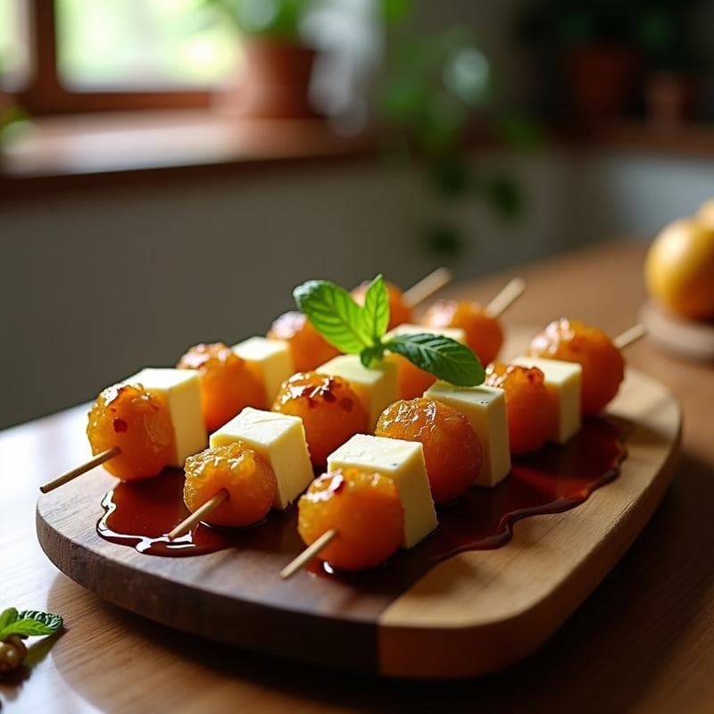 Brochetas de Uvas Pasas, Queso de Cabra y Nueces con Reduction de Vinagre Balsámico: Aperitivo francés en 10 minutos