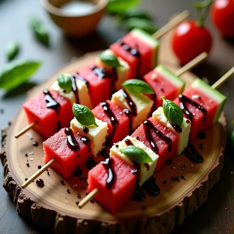 Brochetas de Watermelon y Queso Feta con Glaseado de Balsámico: Aperitivo Italiano Fresco