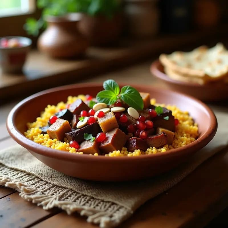 Brokeh de Cordero con Berenjenas y Salsa de Granados: Receta Palestina Tradicional