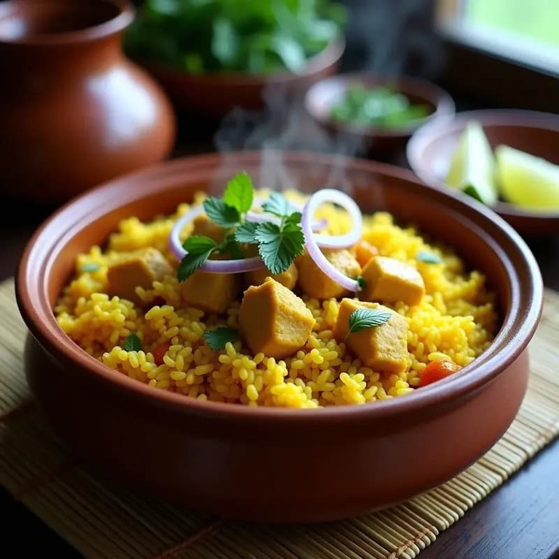 Broken Rice con Pollo al Cúrcuma y Hierbas: Receta Camboyana en una Sola Olla
