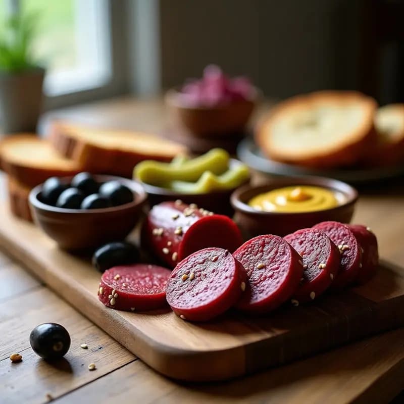 Brotzeitbrett Alemana con Salchichas de Lentejas: Tabla de Embutidos Veganos con Pan de Centeno