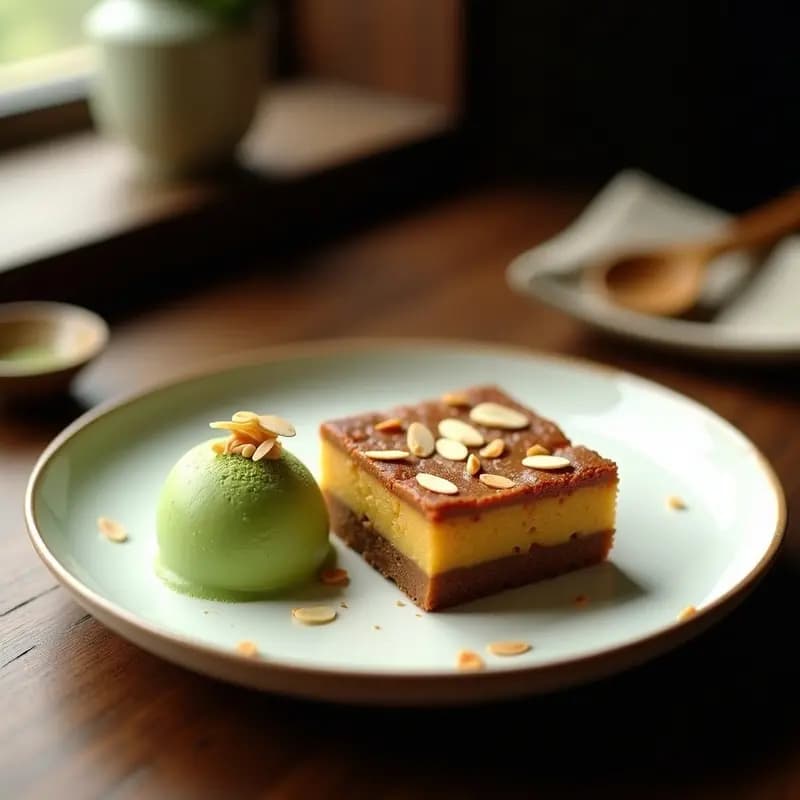 Brownie de Batata y Almendras con Helado de Matcha: Postre Japonés Sin Harina