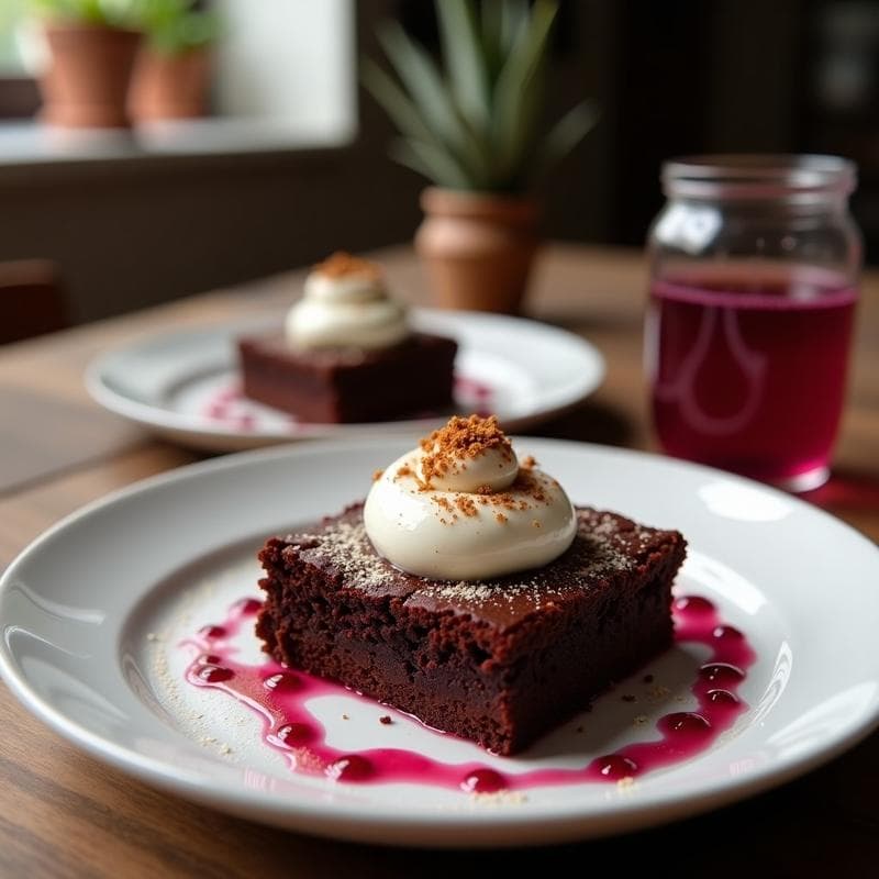 Brownie de batata morada y cacao: Postre Sin Azúcar con crema de anacardos