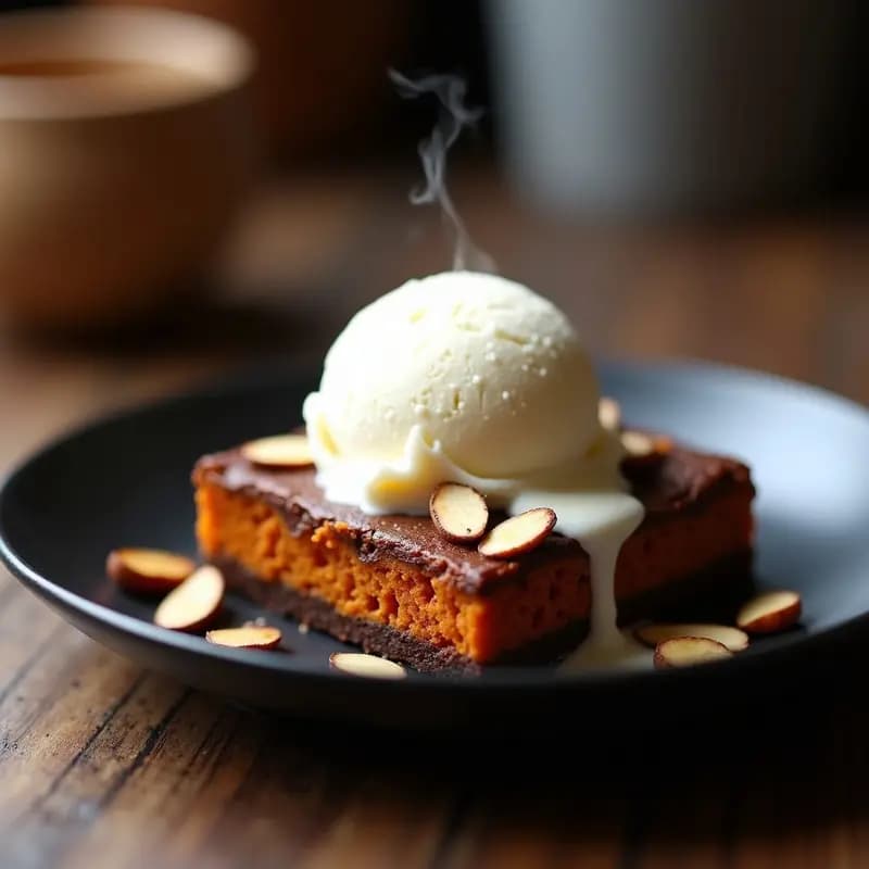 Brownie de Batata Naranja y Cacao con Helado de Vainilla Vegano: Postre Keto en Microondas en 5 Minutos