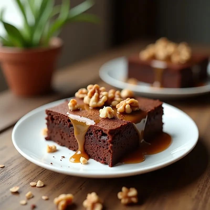 Brownie de Boniato y Nueces con Salsa de Caramelo de Fechas: Postre Sin Harina y Sin Azúcar