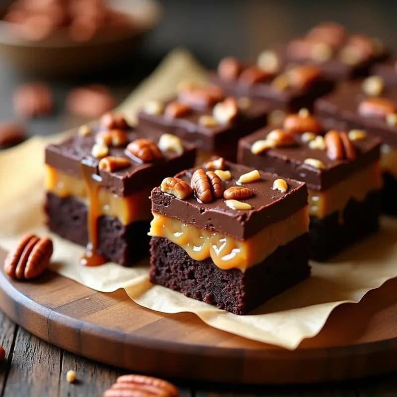 Tira de Brownies con 3 Capas de Chocolate, Caramelo Salado y Nuez Pecana: Postre para Adictos al Dulce