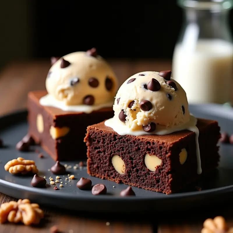 Brownies de Chocolate con Trozos de Cookie Dough y Helado de Cookie en Medio
