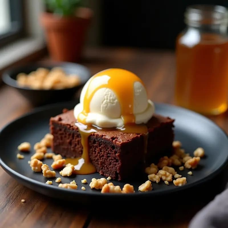 Brownies de Chocolate con Helmado de Vainilla, Sirope de Caramelo y Nueces: El Postre que Derrite hasta el Alma