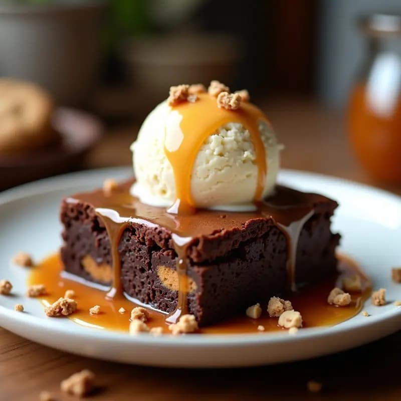 Brownies de Chocolate con Trozos de Cookies, Caramelo Líquido y Helado de Vainilla
