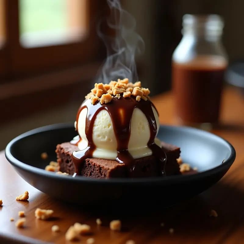 Brownies con Helado de Vainilla, Sirope de Chocolate y Trozos de Galleta: Postre de Ensueño