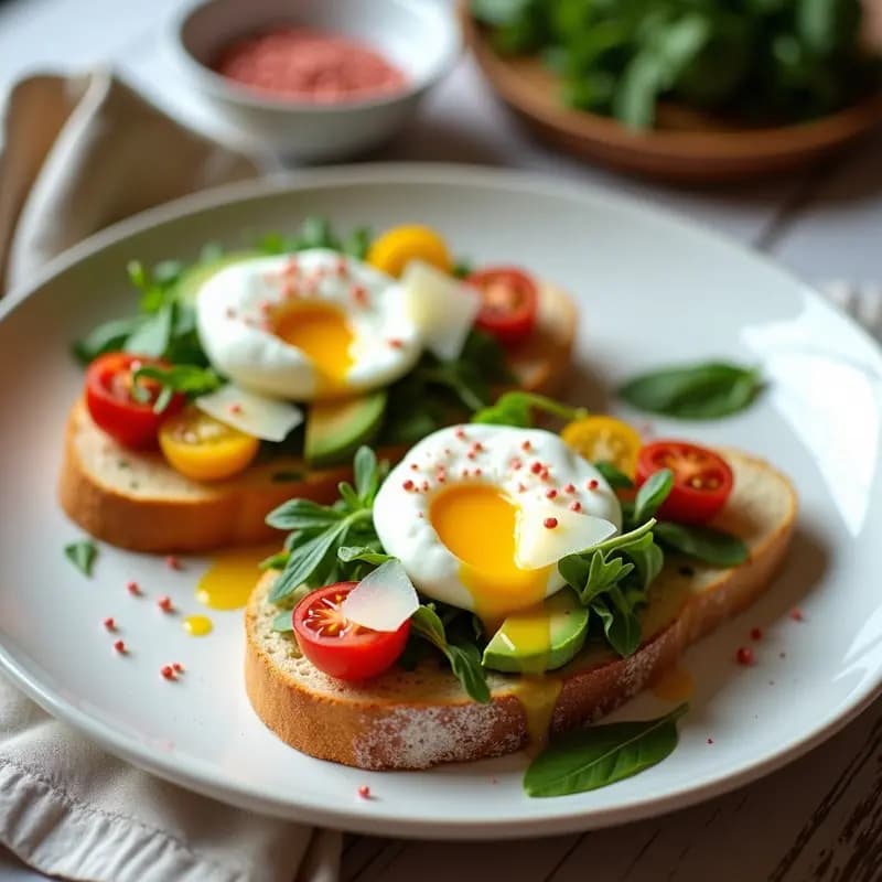 Brunchetta con Aguacate y Huevos Poché: Receta Italiana Moderna y Alta en Proteína