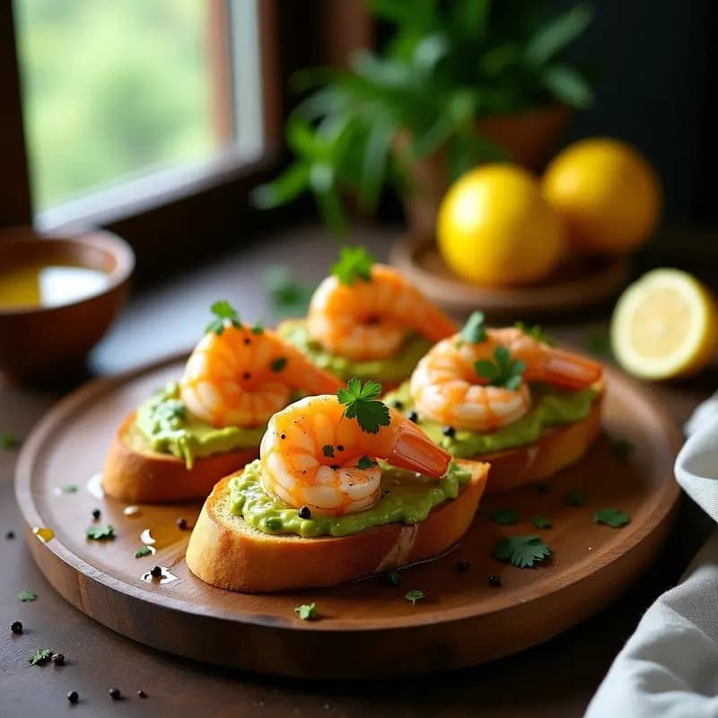 Bruschetta de Aguacate y Gamberones con Limón y Azafrán: Entrante Italiano Gourmet