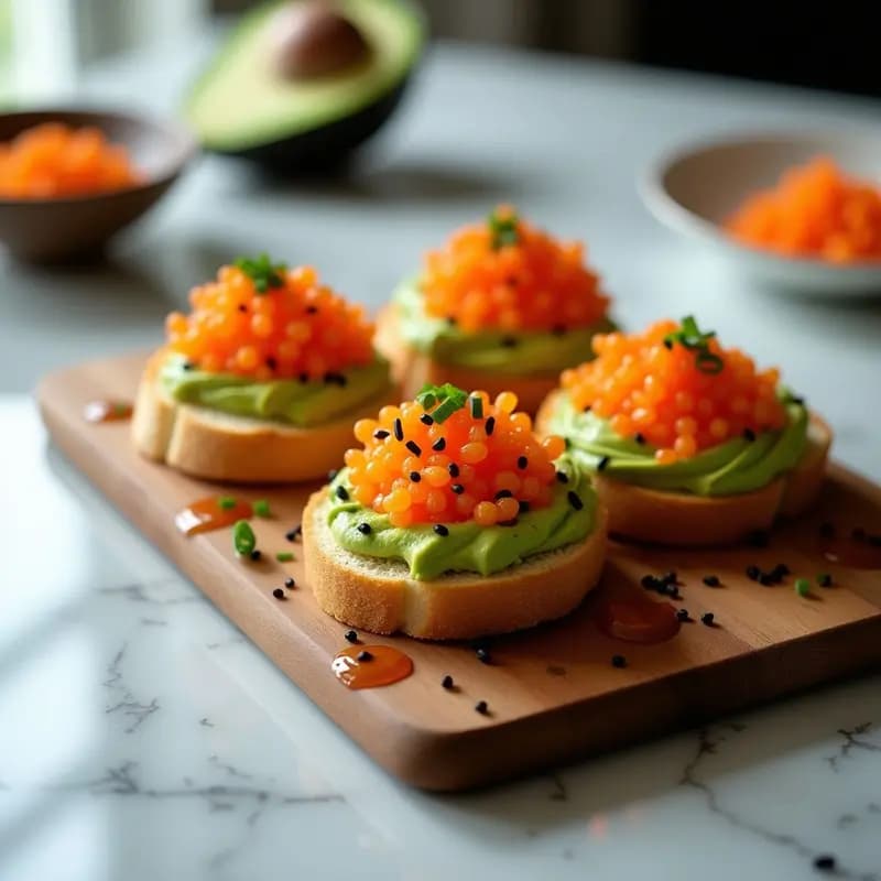 Bruschetta de Aguacate y Huevas de Tobiko: Entrante Japonés de Inspiración Italiana