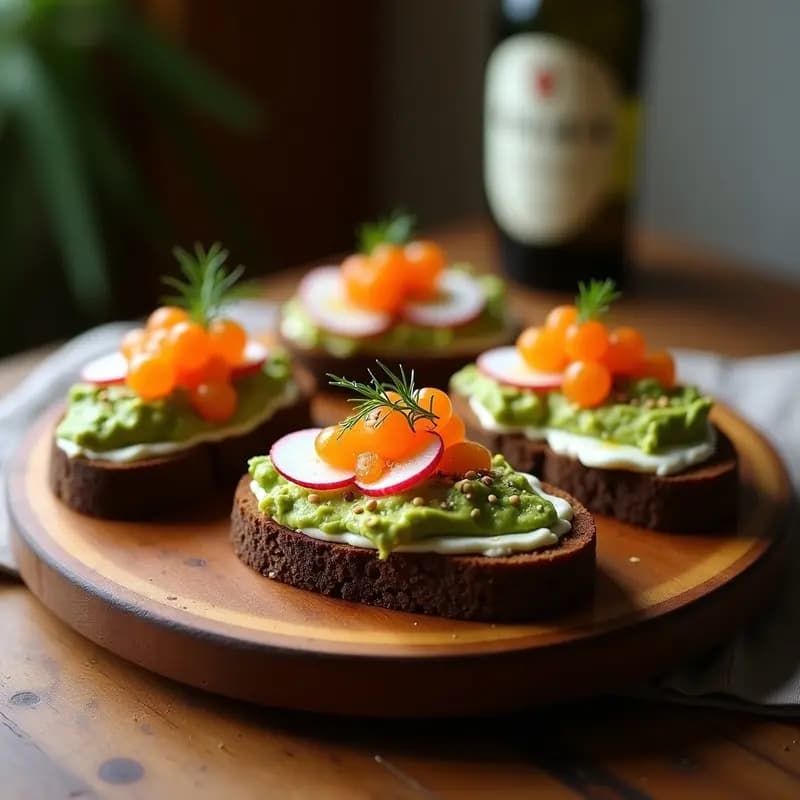 Bruschetta de Aguacate y Huevas de Trucha: Aperitivo Noruego Elegante en 10 Minutos
