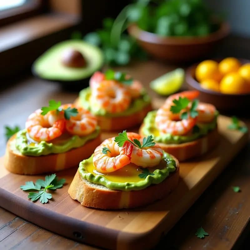 Bruschetta de Aguacate y Langostinos al Ají Amarillo: Entrante Fusion Perú-Italiano