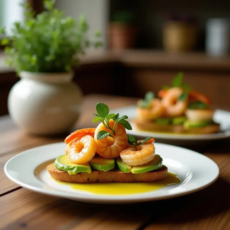 Bruschetta de Aguacate y Langostinos con Vinagreta de Limón y Azafrán: Entrante Español