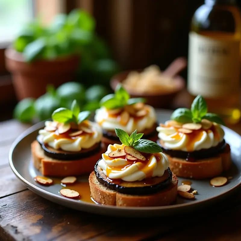 Bruschetta de Berenjena Asada con Ricotta y Miel de Trufa: Entrante Italiano Gourmet y Vegetariano