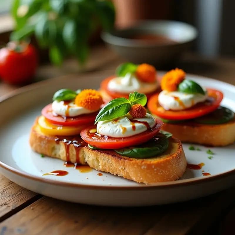 Bruschetta de Burrata y Tomate Heirloom con Basílico Fresco: Receta Italiana Gourmet en 10 Minutos