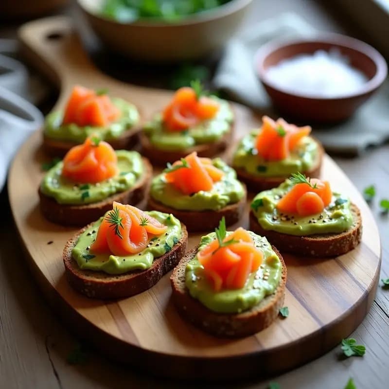 Bruschetta de Pan de Centeno con Aguacate y Huevas de Salmón: Aperitivo Escandinavo