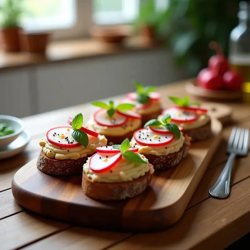 Bruschetta de Pan de Centeno con Hummus y Rábanos: Receta Italiana Crudivegana