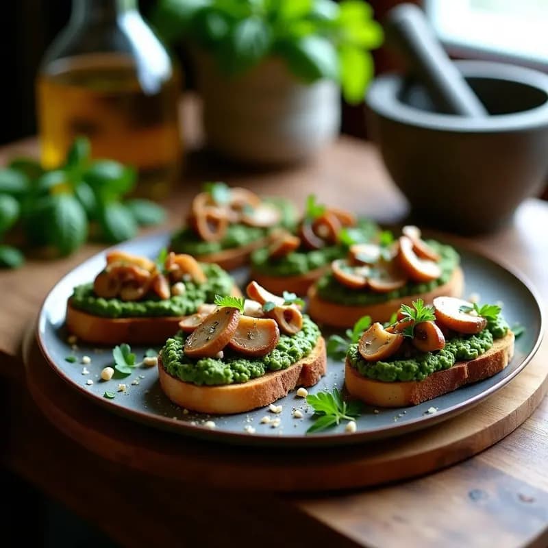 Bruschetta de Pan de Centeno con Pesto de Rábano Picante y Hongos Ostra: Aperitivo Italiano Keto