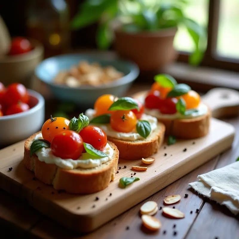 Bruschetta de Pan de Centeno con Tomate Confitado y Queso ricotta: Receta Italiana Sin Gluten