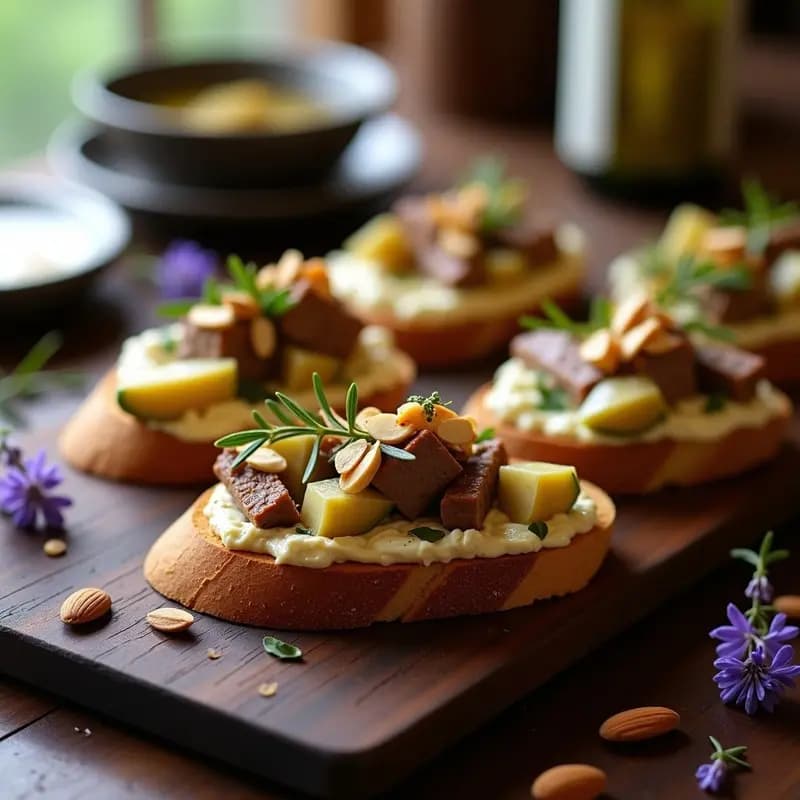 Bruschetta de Tomas de Cordero y Alcachofas: Aperitivo Francés Gourmet Sin Gluten