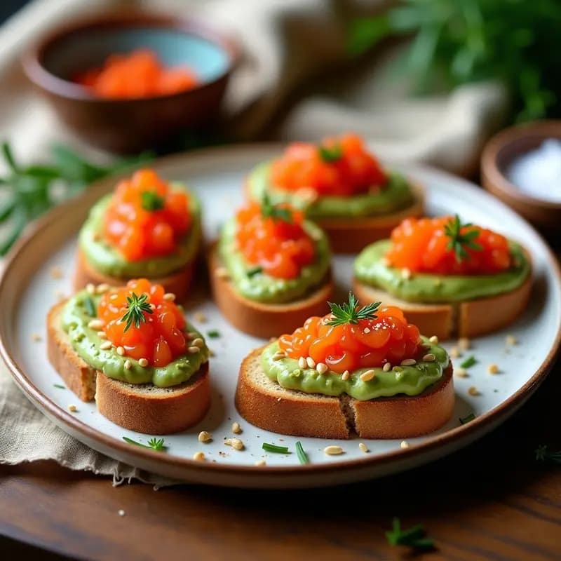 Bruschetta de Pan de Espelta con Aguacate y Huevas de Tobiko: Aperitivo Italo-Japonés Alto en Omega-3