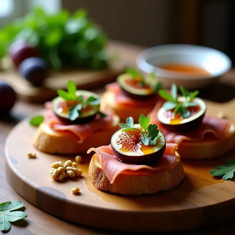 Bruschetta de Higos y Prosciutto con Miel y Rúcula: Receta Italiana Dulce-Salada en 10 Minutos