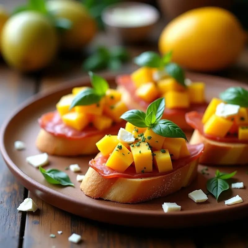 Bruschetta de Mango y Prosciutto con Vinagreta de Albahaca: Receta Italiana Gourmet